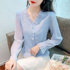 Women's Long Sleeve Slim Sweet Lace Shirt Flare Sleeve Casual Button Tops