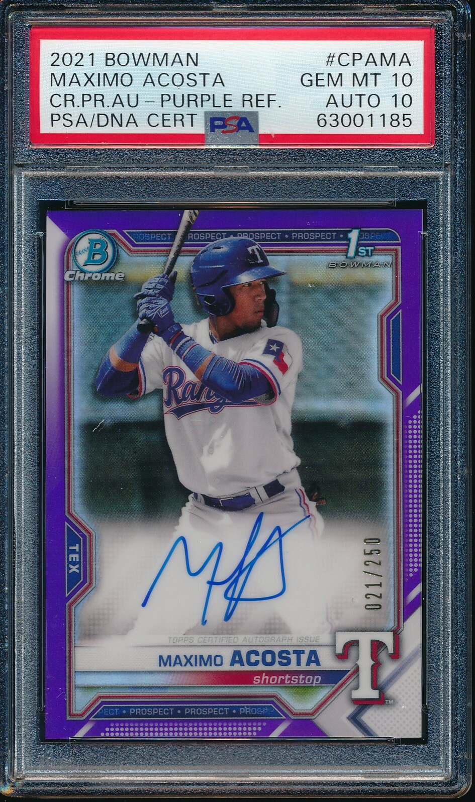 PSA 10/10 MAXIMO ACOSTA AUTO 2021 Bowman Chrome PURPLE REFRACTOR #/250 GEM MINT