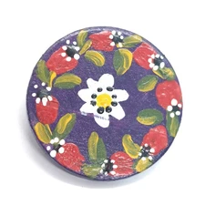 Hand Painted Floral Wood Pin Purple Round Folk Button Handmade Brooch Gift VTG