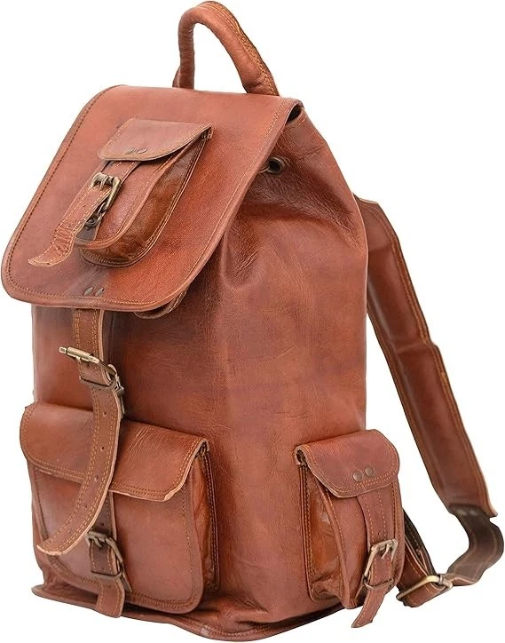 Handcrafted Genuine Goat Leather Backpack for Men Vintage Brown Laptop Rucksack
