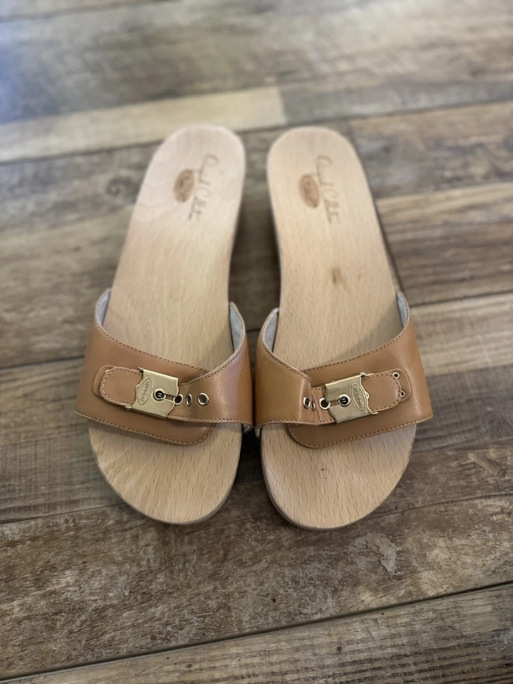Sandalias Dr Scholls Clásicas Originales Slide Madera CUERO BRONCEADO Talla 10 Foto 2 de 4