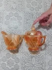 EUC Jeanette Glass Iridescent IRIS & HERRINGBONE Marigold Cream And Sugar Set