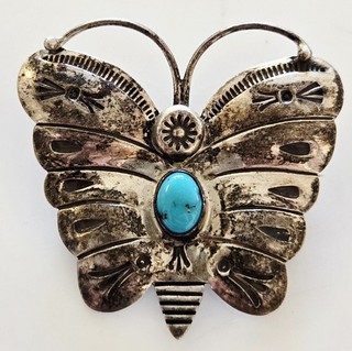 Navajo Handmade Vintage Old Pawn ZUNI Sterling Silver Turquoise Butterfly Pin