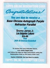 2025-26 Bowman Basketball #BCA-BR Bronny James Jr. Redemption Auto Purple /250