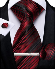 Mens Striped Tie Silk Woven Necktie and Pocket Square Cufflinks Tie Clip Set Wed