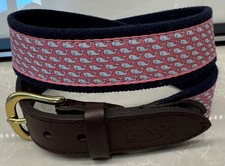 VINEYARD VINES - Blue Whales Brown Leather Canvas Pink Belt - Size 26