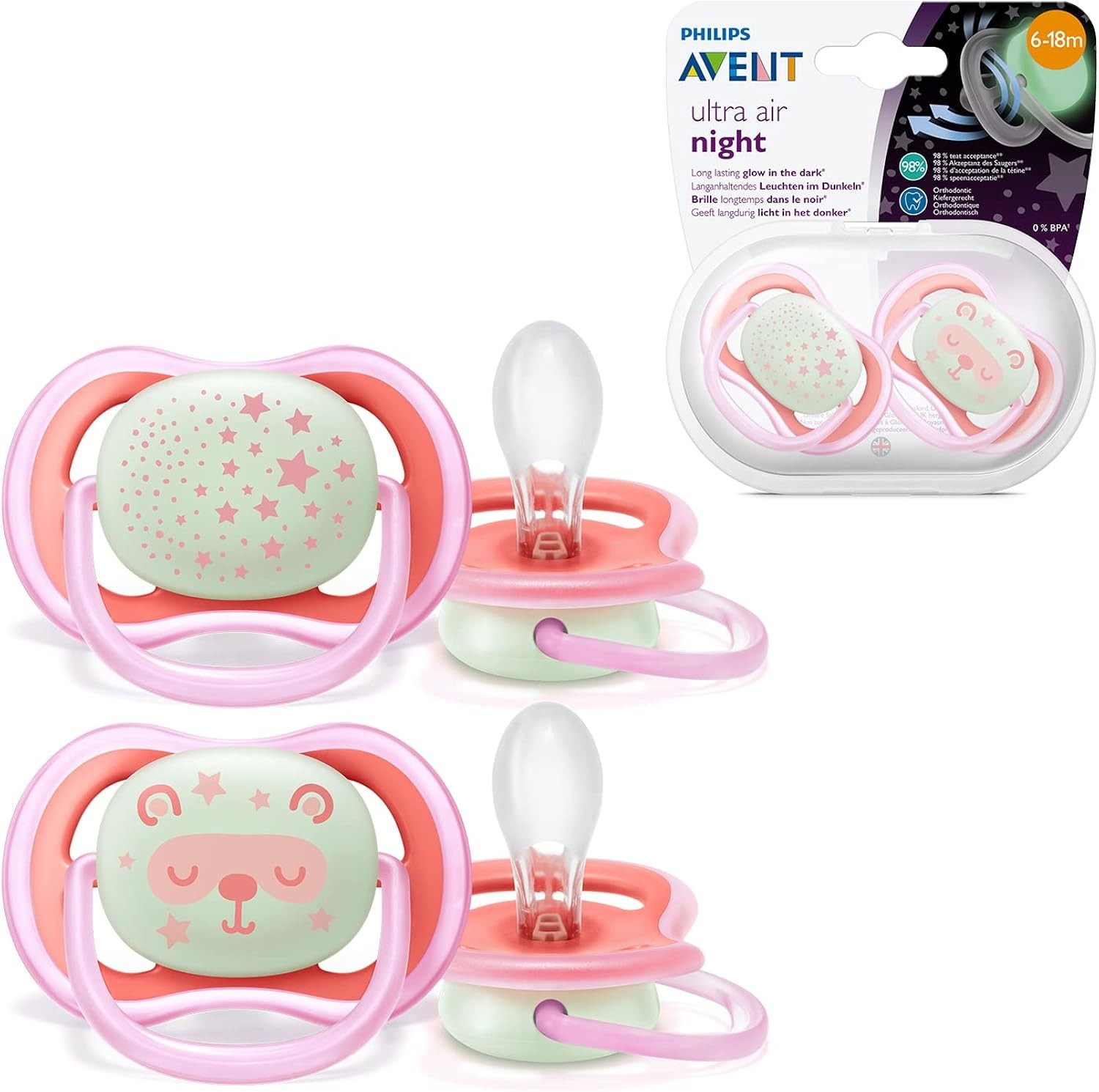 Philips Avent Ultra Air Night Soother 6-18m Glow-in-the-Dark Star & Teddy