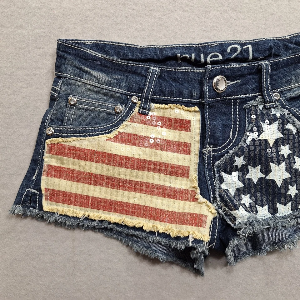 American Flag Jean Shorts Women 1/2 Blue Cut Offs Shorty Daisy Dukes Sexy Sequin - Image 3 of 4