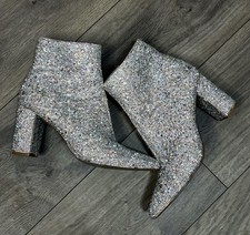 Silver Glitter Rhinestone Ankle Bootie Zip Block Heel Women's Boots