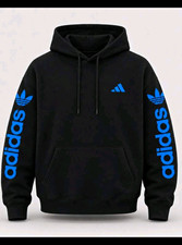 adidas Men's Pullover Hoodie L Black/Blue Graphic Print Hooded Pockets