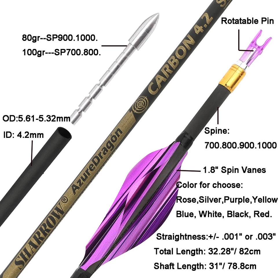 Flecha de carbono puro 31" 700-1000 pluma espiral compuesto arco objetivo de caza Foto 3 de 4