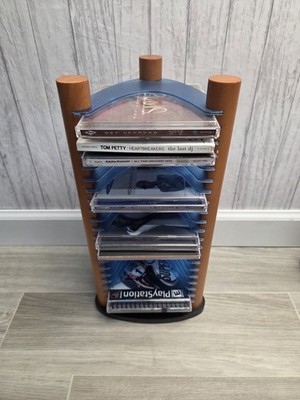 Vintage Blue Translucent CD Rack Wooden Stand Tower Holds 20 Discs PS1 Games