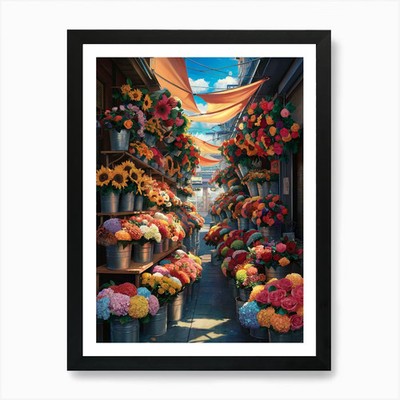 Lofi Anime Art: Vibrant urban flowe Framed Wall Art Poster Canvas Print Picture