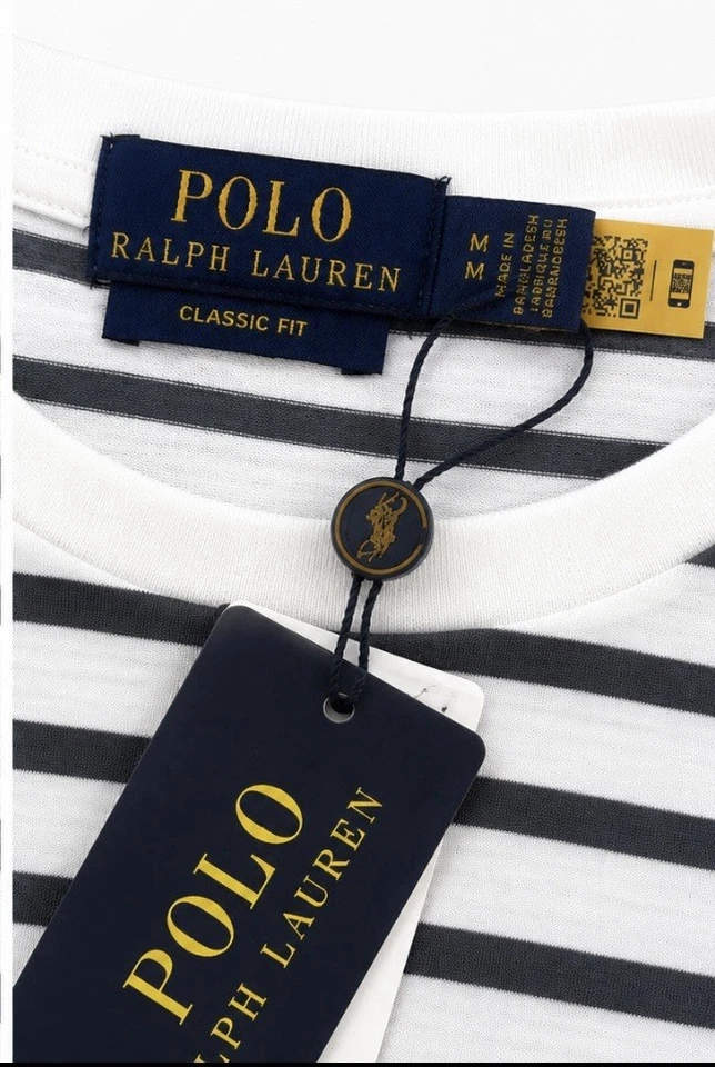 Polo Ralph Lauren Men’s White/Grey Striped Crew Neck Logo T-Shirt Size M - Image 1 of 3