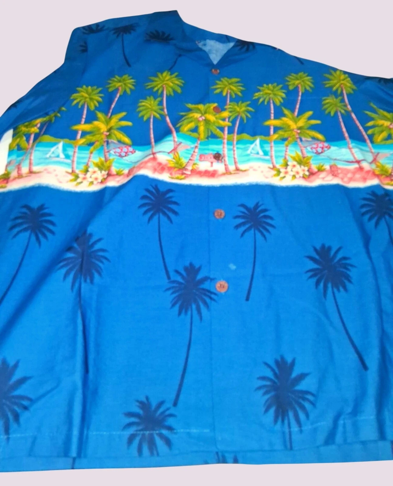 Hawaiian Reserve Collection Blue Tropical Palm Tree Button-Up Shirt Size L