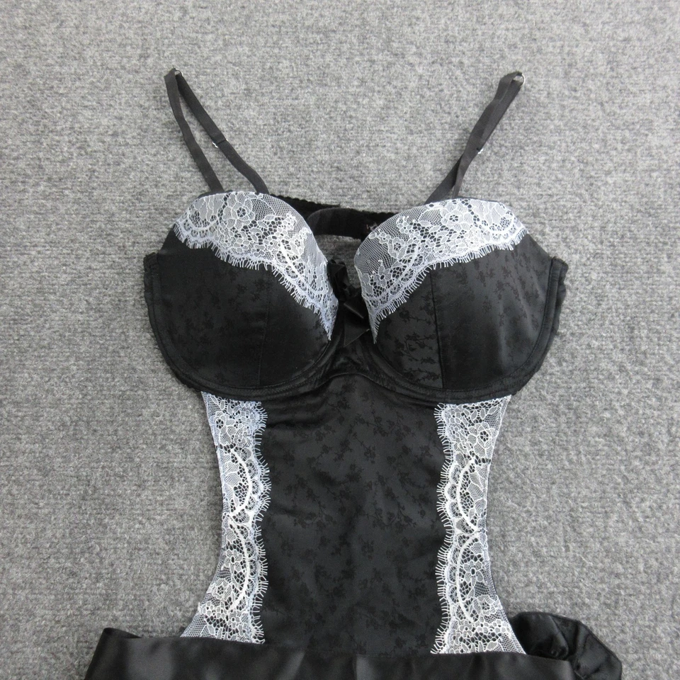 Victoria's Secret Peluche Mujer 36D Negro Encaje Satinado Francés Mucama Delantal Con Aros Foto 2 de 4
