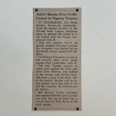 Henry Harden No Hitter St. Petersburg Saints 1963 Sporting News Baseball 2X4