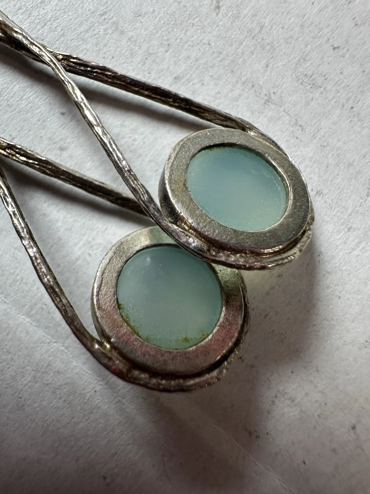 Silver Earrings Israel Green Stone Dangle Pierced Textured 925 - Image 3 of 4