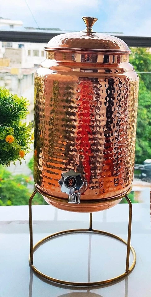 Pot/pichet/distributeur/matka/tanki en cuivre pur de 10 litres et support en ... - Photo 2/4