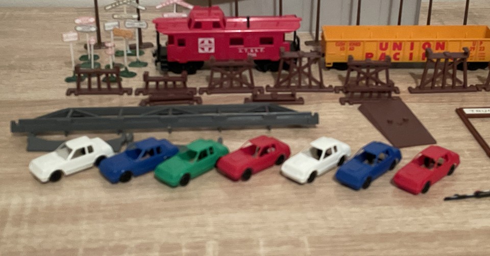 Lot of TYCO HO Scale Train Accessories Signs, Telephone Poles, Cars