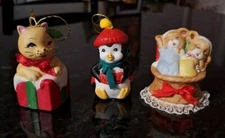  Christmas Ornaments Set Of 3. Caring Critter Bells ,Bear ,Cat, Penguin 