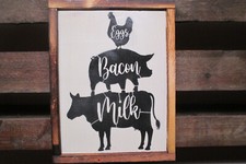 Eggs Bacon Milk Farmhouse Rustic Looking Wood Sign Wall Decor Made in the USA 