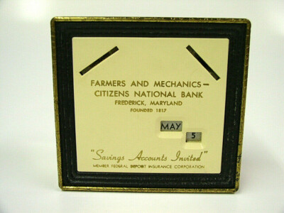 Farmers & Mechanics Citizens National Frederick Md Promotional Coin Bank, No Key