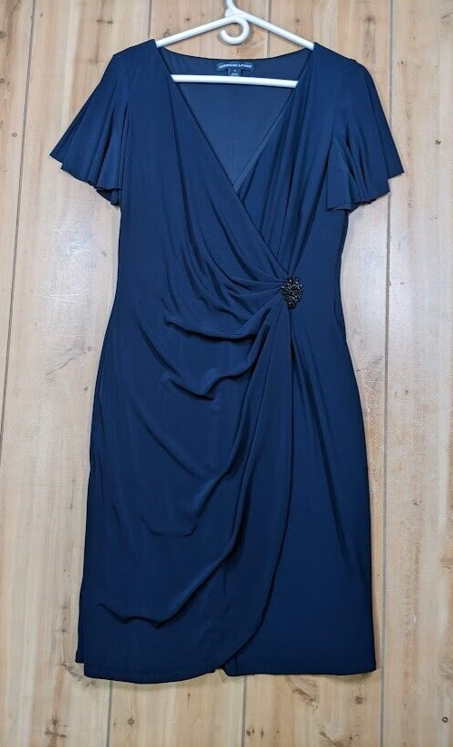 American Living Navy Party/Cocktail Dress Sz 14 Faux Wrap Ruched Flutter  Classic