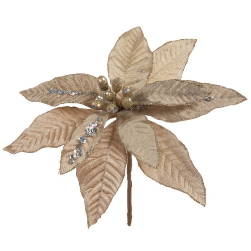 Champagne Beige 10.5" Poinsettia Felt Flower Pick w Silver Glitter 13 Avail