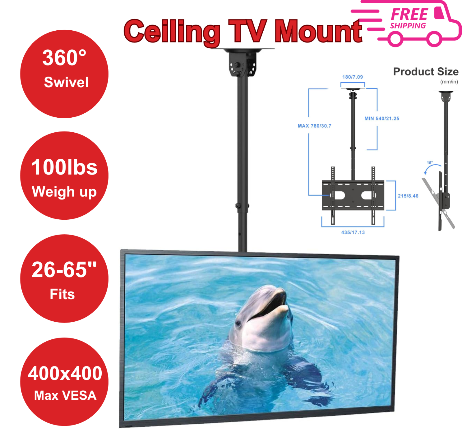 Ceiling TV Mount Bracket LCD LED Plasma 26-65 inch Tilt Swivel Height Adjustable