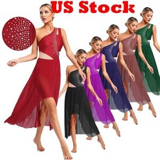 Womens Lyrical Dance Costume Flowy Mesh One Shoulder Dress Modern Contemporary