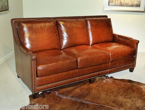 Details About Beautiful New Art Deco Sofa Antiqued Erscotch Genuine Leather Couch Settee