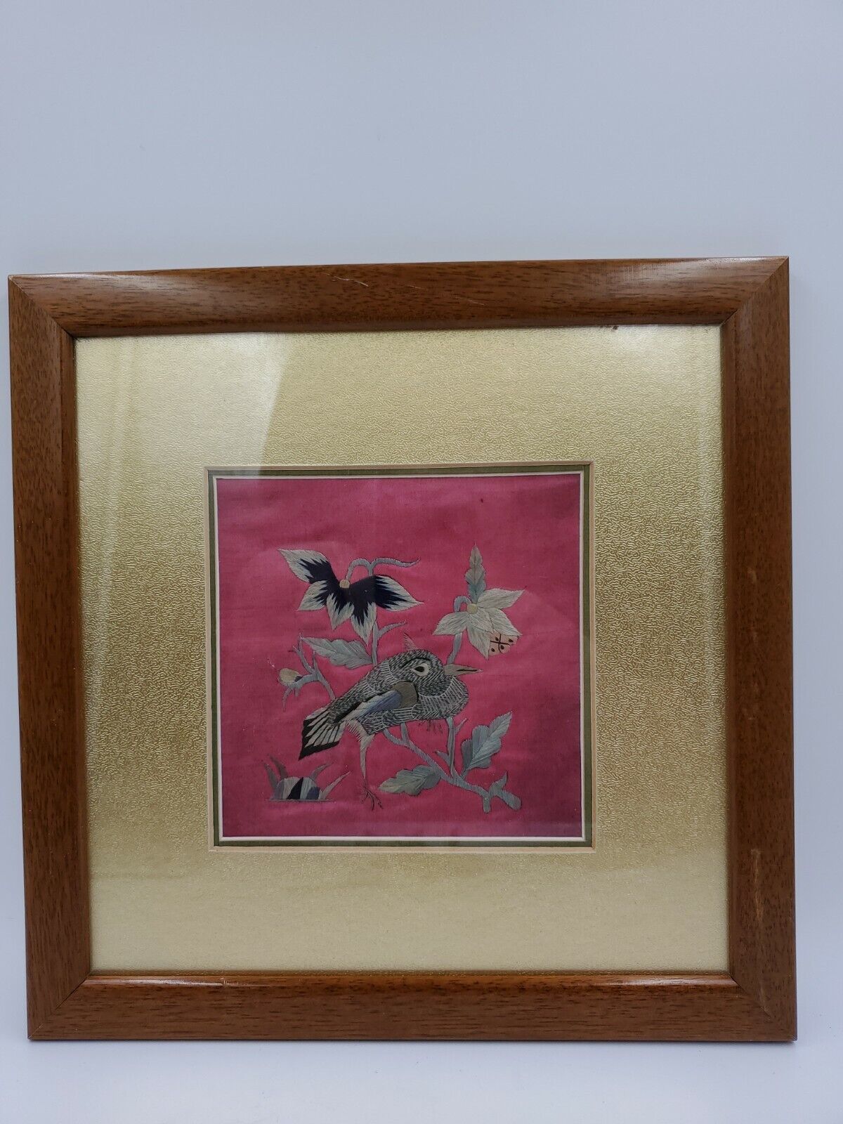 Vintage Asian Chinese Silk Embroidery Bird Flowers Framed Tapestry Art