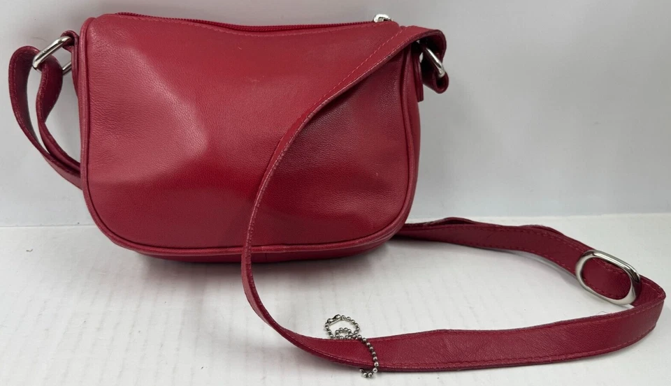 Bolso Bandolera Danier Vintage Mujer Cuero Rojo Bolsillos Correa Ajustable Foto 2 de 4