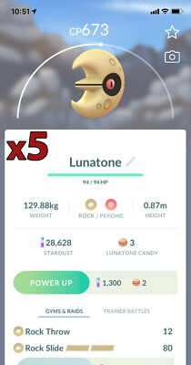 5x Lunatone Pokemon Bundle !! Good Chance of Lucky and Good IVs !! Go