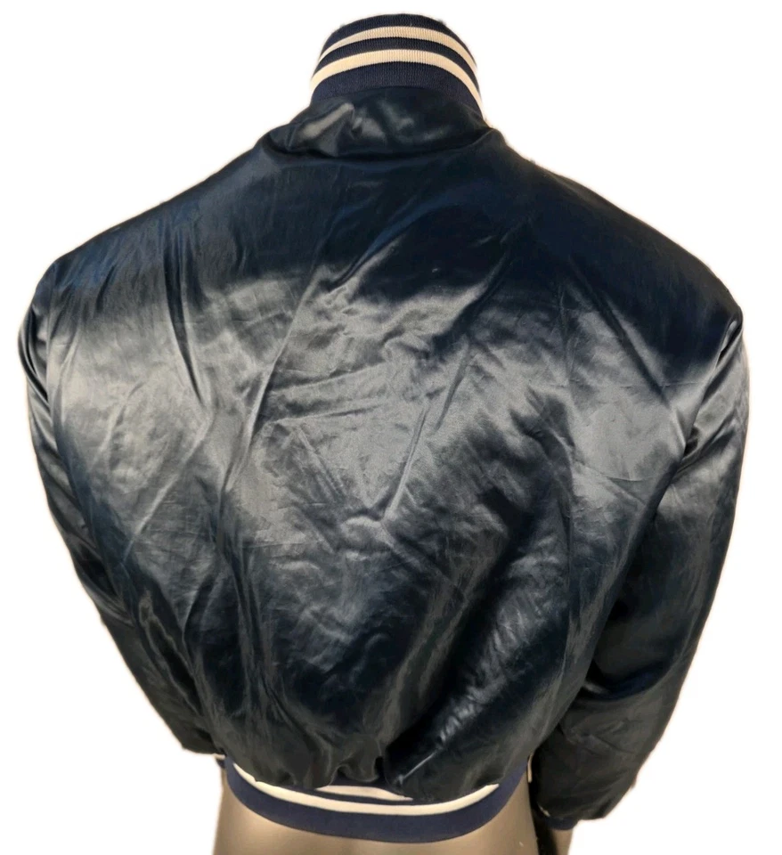 USS Saratoga 夹克男式 XL 80 年代美国海军绗缝蓝色缎面美国拼色 — 第 4/4 张图片