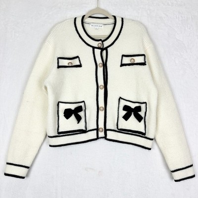 Threaded Leaf Lady Cardigan Size Large Velvet Bows Gold Pearl Old Money Preppy