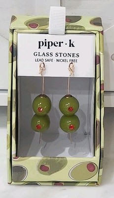 NIB! Viral Piper K Martini Olive Dangle Drop Earrings Red Glass Stones