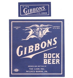 Gibbons Bock Beer Label non IRTP The Lion Inc. Wilkes Barre PA 12 oz w/ neck