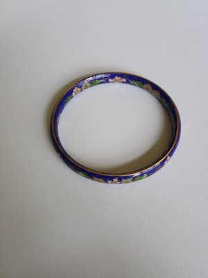 Vintage Cobalt Blue Gold Tone Inlay Enamel Cloisonné Bangle Floral Bracelet 3''