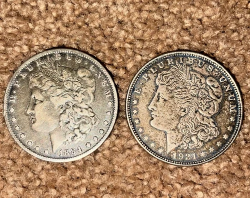 2 Morgan Silver Dollars 1884 & 1921 – 90% Silver – Circulated