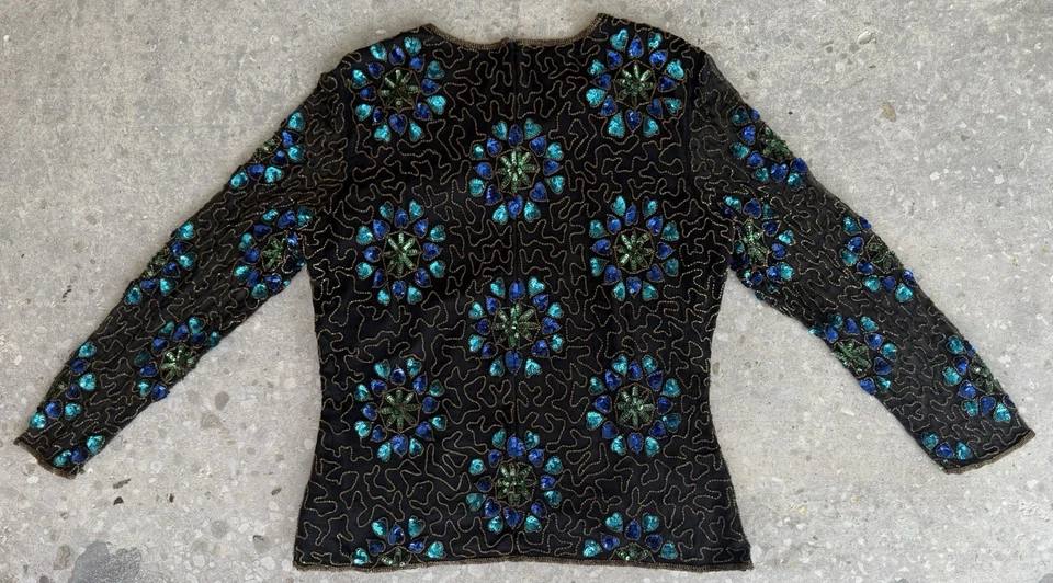 VINTAGE STENAY SEQUINS TOP SILK BLOUSE BEADED FLORAL 80S DESIGNER SEQUENCE DISCO - Image 2 of 4