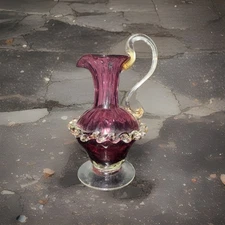 Vintage Hand Blown Pedestal Miniature Pitcher Cranberry W/ Gold Flakes In Ruffle