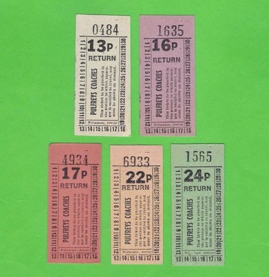 Pulfreys Coaches of Great Gonerby Lincs - 5 Williamson £p Bustickets - ca. 1970er