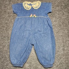 Buster Brown Vintage Infant Girls Denim One Piece Doily Neck Floral Romper 12M