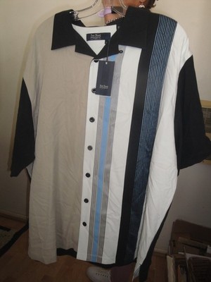 NWT-NAT NAST Retro Black White Blue Khaki Striped Loop Collar 100% Silk (1X) XXL