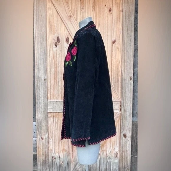 Vintage Quacker Factory Black Suede Rose Floral Western Jacket~L~ - Image 4 of 4