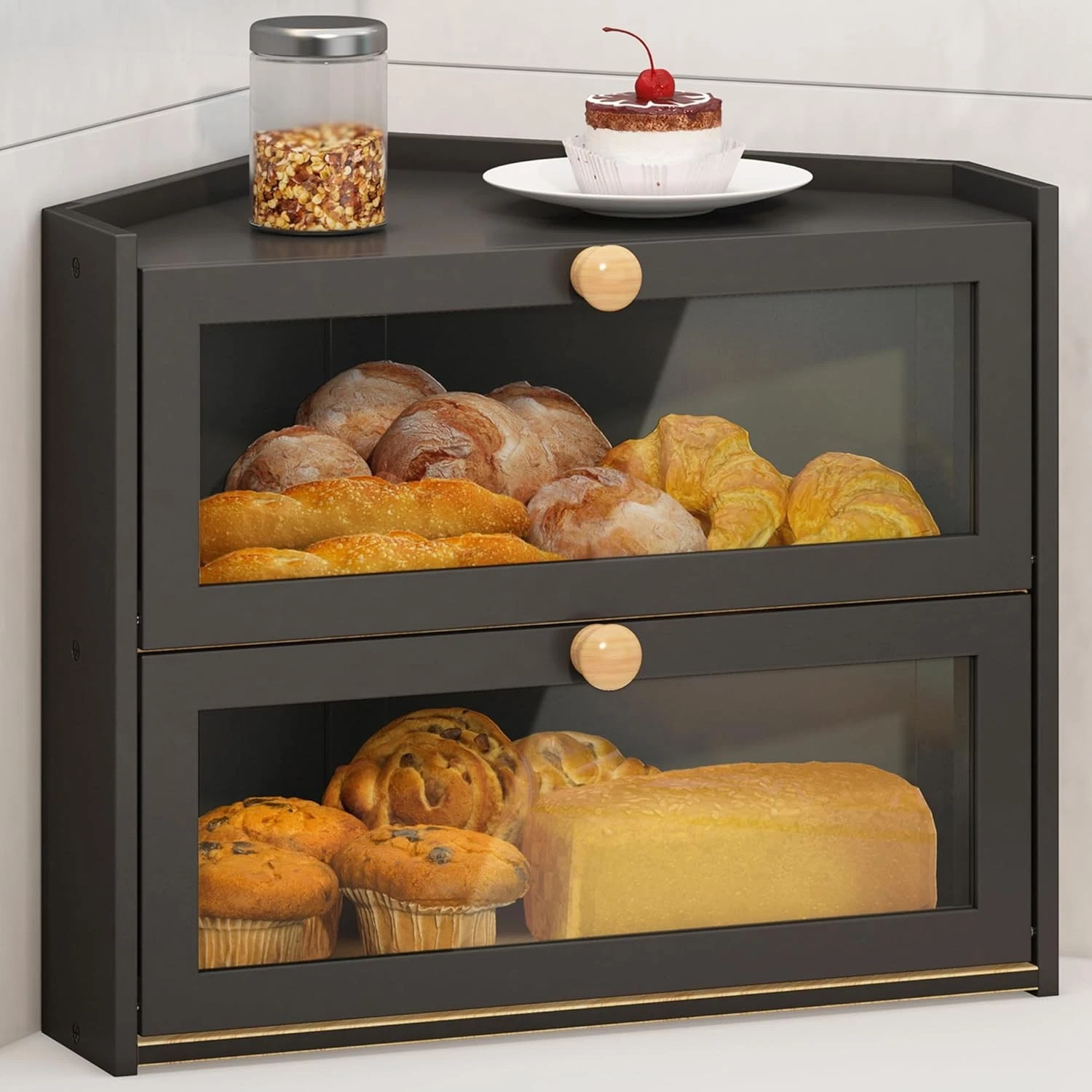 Black Corner Bread Box Kitchen Countertop Large Bread Container Storage Bamboo