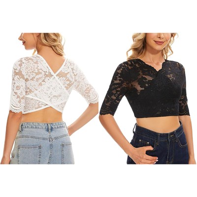 Womens Lace Crop Top Sheer Mesh Shirts Ballet Dance Tops Short Sleeve Clubwear