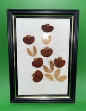 Vtg Framed Dried Pressed Flowers Wall Art Picture Black  Gold Metal Frame 7x5